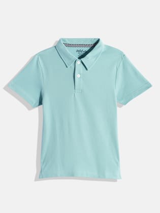 Boys Blue Solid Cotton Polo Collar T-shirt