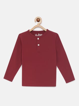 Boys Maroon Solid Pure Cotton Henley Neck T-shirt