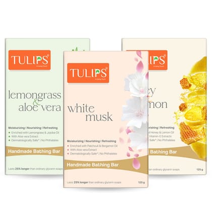 Tulips Handmade Bathing Bar Soap 75gm each  (Honey & Lemon, Lemongrass & Aloe Vera, White Musk, Pack of 3)