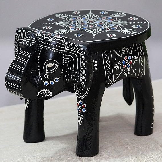 Handcrafted and Emboss Painted Colorful Wooden Elephant Shape Stool Table (8 Inches Height, Black)