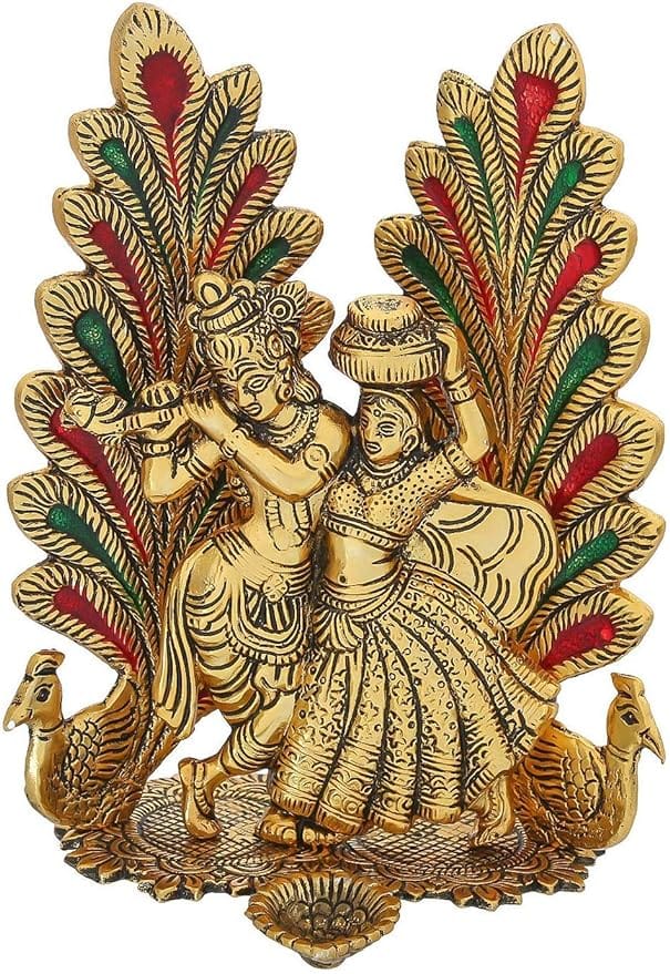 India Peacock Design Radha Krishna Idol Showpiece with Diya