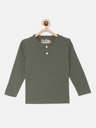 Boys Olive Solid Pure Cotton Henley Neck T-shirt