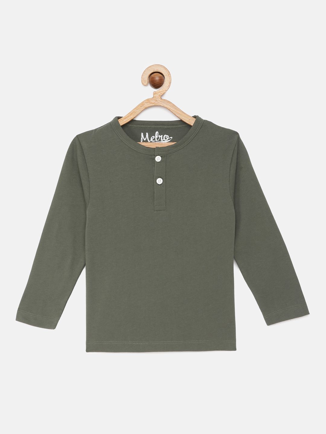 Boys Olive Solid Pure Cotton Henley Neck T-shirt