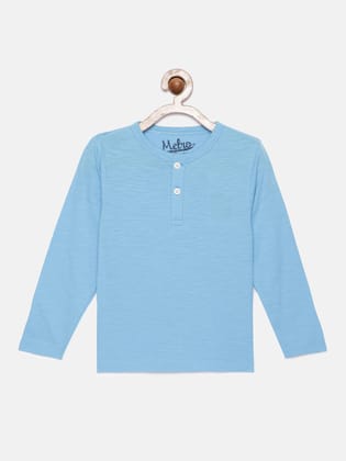 Boys Skyblue Solid Pure Cotton Henley Neck T-shirt