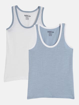 Boys Pack of 2 White & Blue Round Neck Cotton Vest