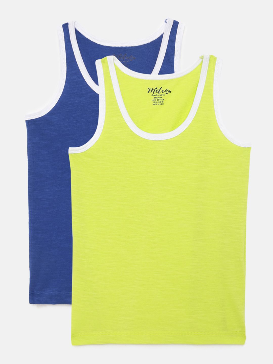 Pack Of 2 Boys Blue And Lime Green  Round Neck Pure Cotton  Vest