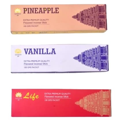 LOTUS24 Organic Incense Sticks Agarbatti | Life, Vanilla & Pineapple | 3 Packs 180 Sticks