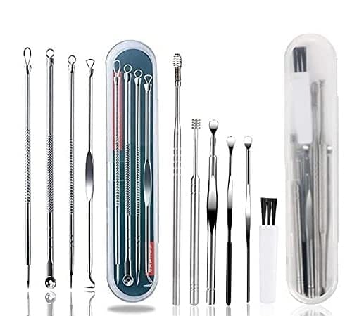 Aadav Stainless Steel Blackhead Pimple Blemish Extractor/Remover Tool With 6 Pcs Ear Cleansing Tool Set, Spring Ear Wax Cleaner Tool Set,Ear Curette Ear Wax...