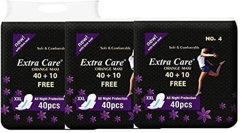 Extra Care Sanitary Pads Orange Maxi for Women | Skin Friendly, Odour free Sanitary Napkins for Day & Night Leak Protection 150 Sanitary Pad (Pack of 3, 2xl)