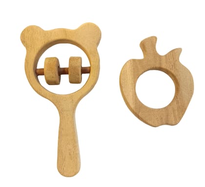 neemtoys Neem Wooden Teether & Rattle for Babies of Age 0 to 3 Years| Apple & Mickey Head Shapes