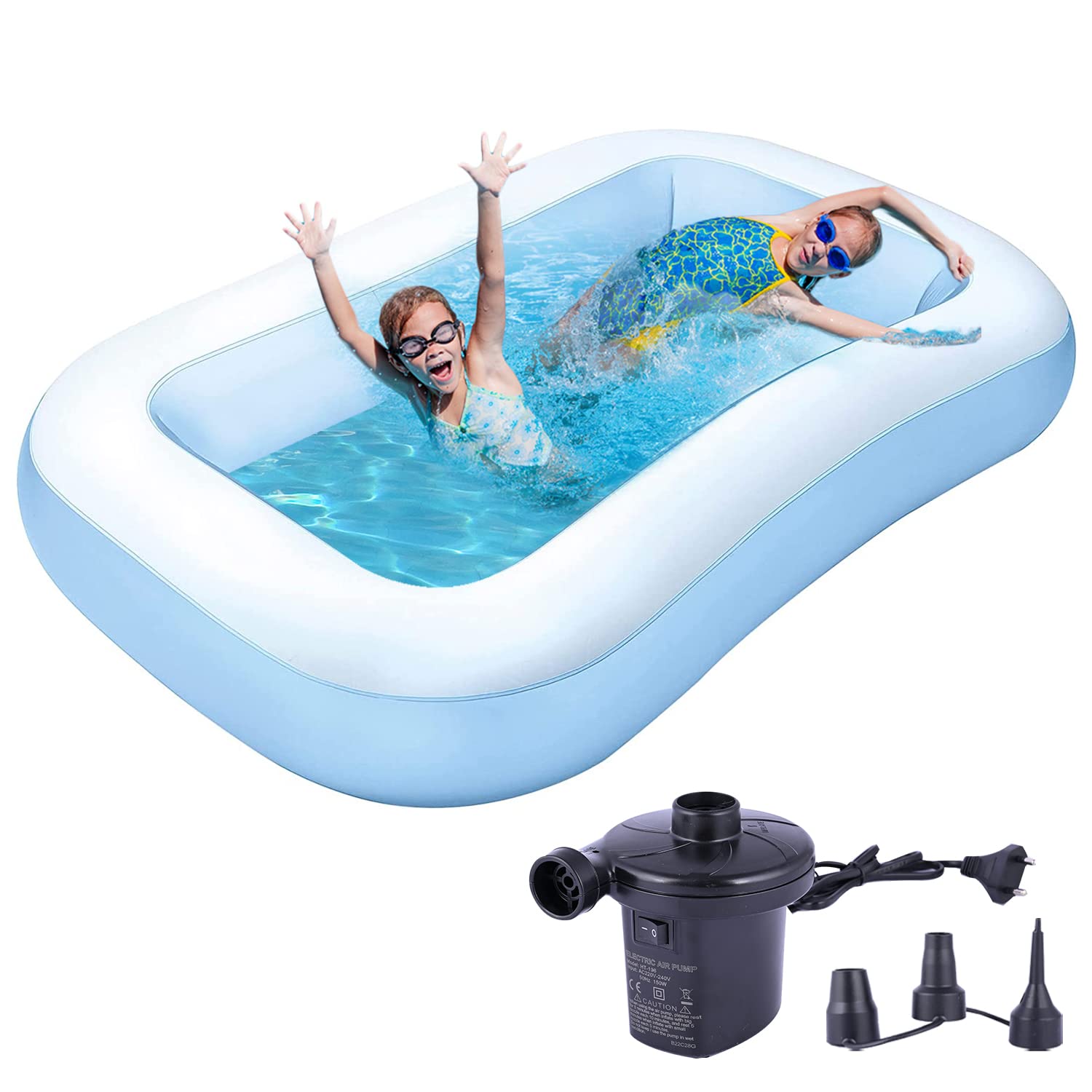 5.5 Feet Rectangular Inflatable Pool with Electric Pump Family Full-Sized Swimming Bathtub for Kids Outdoor, Garden, Summer Party (Blue)