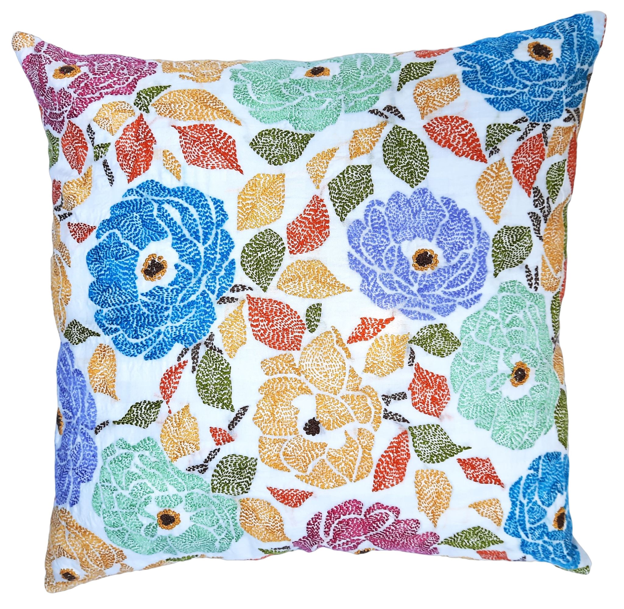 Kantha stitch Embroidered Cushion pillow cover on organic cotton fabric with flower pattern for sofa home decor