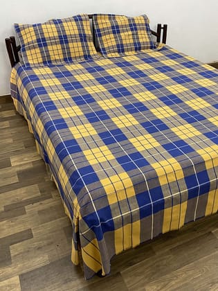 Handwoven Cotton Double Bedsheet  with Pillow Cover - Yellow and Blue Checks