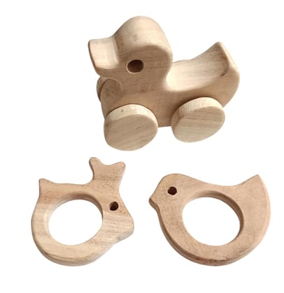 Neem Wooden Wheel Toy & Teethers - Duck, Dove & Rabbit Shapes