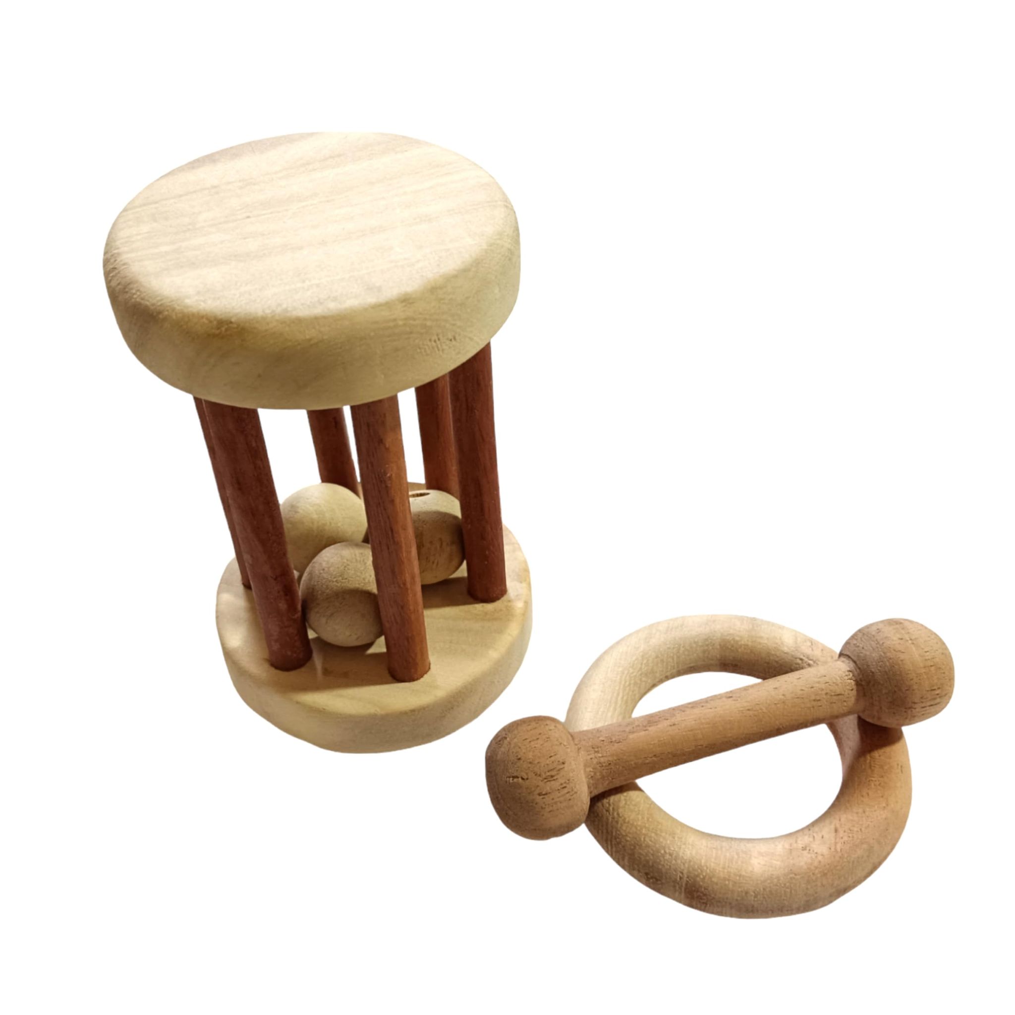 Gentle Sounds Making Neem Wooden Tumbler & Teethers of Shapes Ring & Dumb Bell