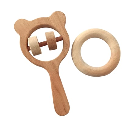 Sensory Stimulating Neem Wooden Rattle & Teether - Mickey Head & Ring Shapes