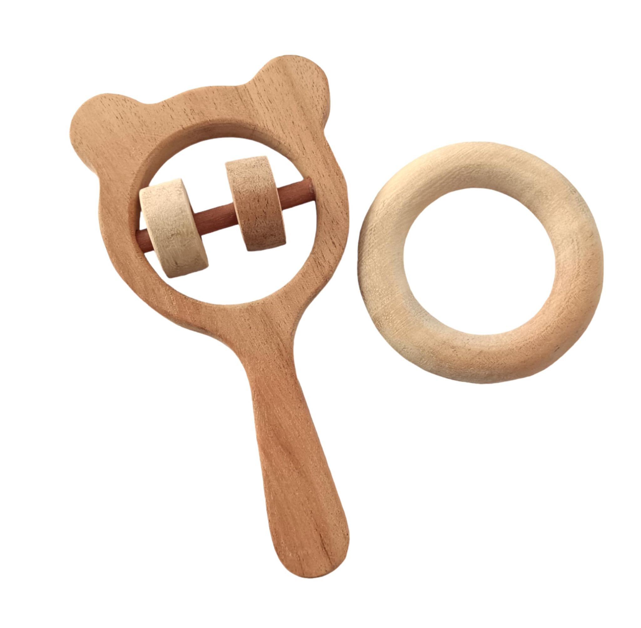 Sensory Stimulating Neem Wooden Rattle & Teether - Mickey Head & Ring Shapes