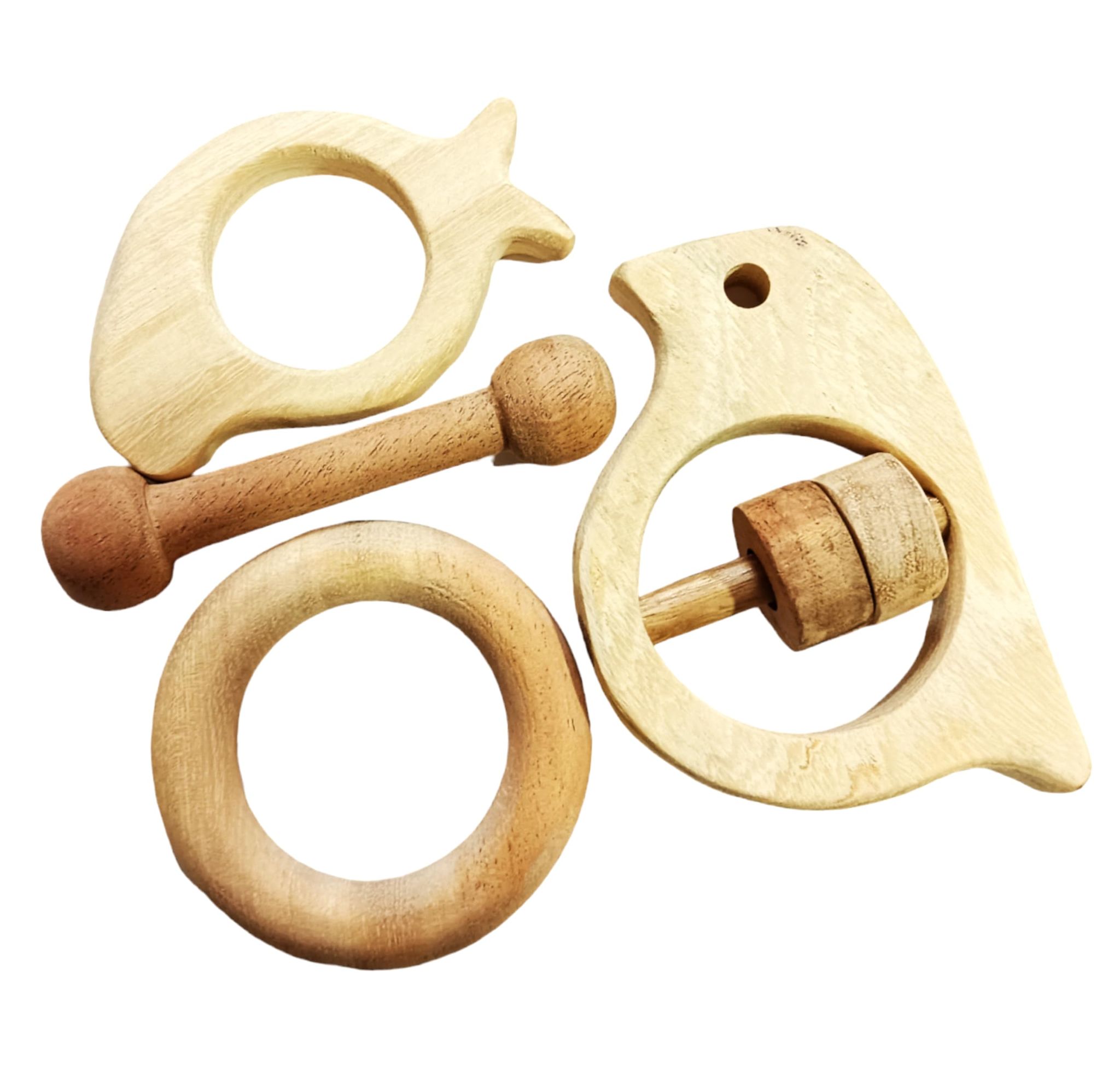 Neem Wooden Teehers & Rattle - Dumb Bell,Ring,Mango&Sparrow Shapes for 0 to 3 Year Kids