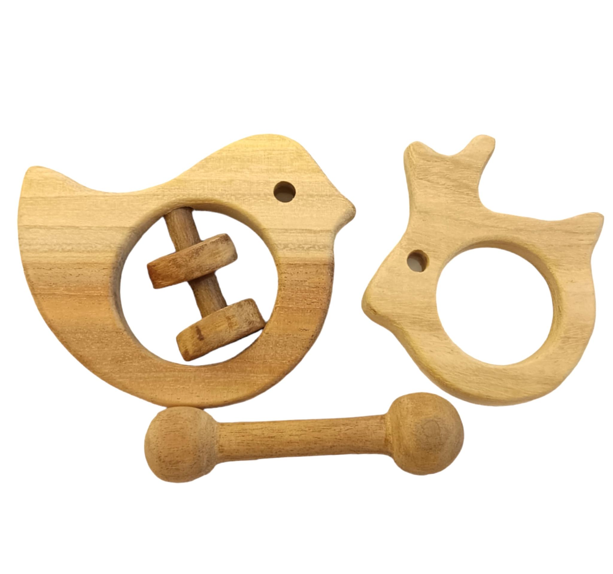 Sensory Developing Neem Wooden Rattle & Teethers- Dove, Dumb Bell & Rabbit Shapes for 0-3 Years