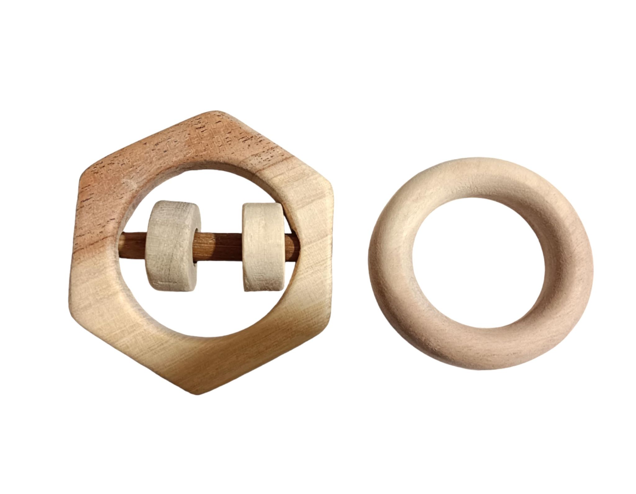 Neem Wooden Teether Rings & Rattle - Circle & Hexagon Shape