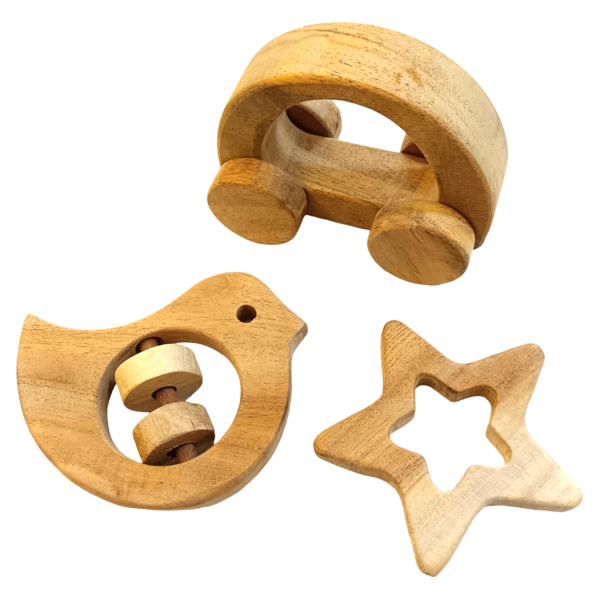 Neem Wooden BabyTeether-Rattle-Wheel Toy Set for Kids of Age 0-5 Years