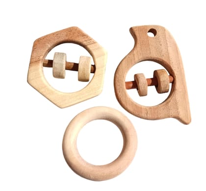 Neem Wooden Combo of Teether & Rattles for Babies of 0 to 3 Years