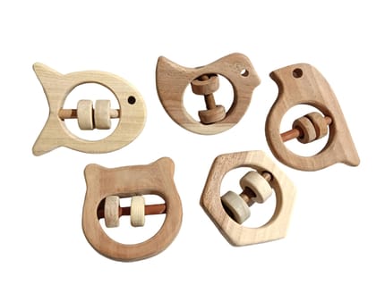 Neem Wooden Rattles for Cognitive Developement of Kids of Ag 0 to 3 Years - 5 Unique Shapes