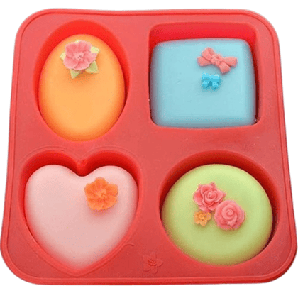 4 Cavity Different Basic Plain Square Heart Oval Round Soap Bar Silicone Mould Candle Making for Homemade (Pack of 1)