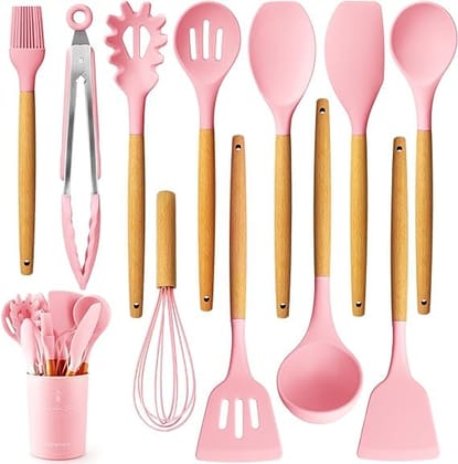 SAUDAGAR Enterprises 12 Pcs Silicone Kitchen Utensils Set with Holder, Cooking Utensil Sets Spatula Turner Heat Resistant Tool Gadgets with Wooden Handle for Nonstick Cookware (Set of 12) (Pink)