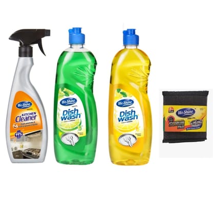 We Shine Combo Pack of 2 Dish Wash & Dish Scrubber With Kitchen Cleaner Spray | Kills 99.99% Germs and bacteria with refreshing Fragnance.