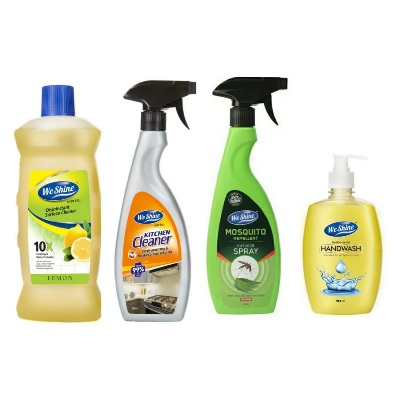 We Shine Combo Set Mosquito Spray, Floor Cleaner, Kitchen Cleaner & 250ml. Handwash | Kills 99.99% Germs and bacteria with refreshing Fragnance