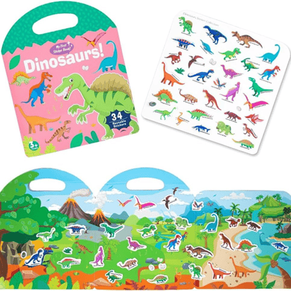 FUN FRY Reusable Sticker Books for Kids Dinosaur Cute Static & Adhesive Stickers Book for Toddlers Aged 3-4 Educational Toys Learning Books Birthday Gifts