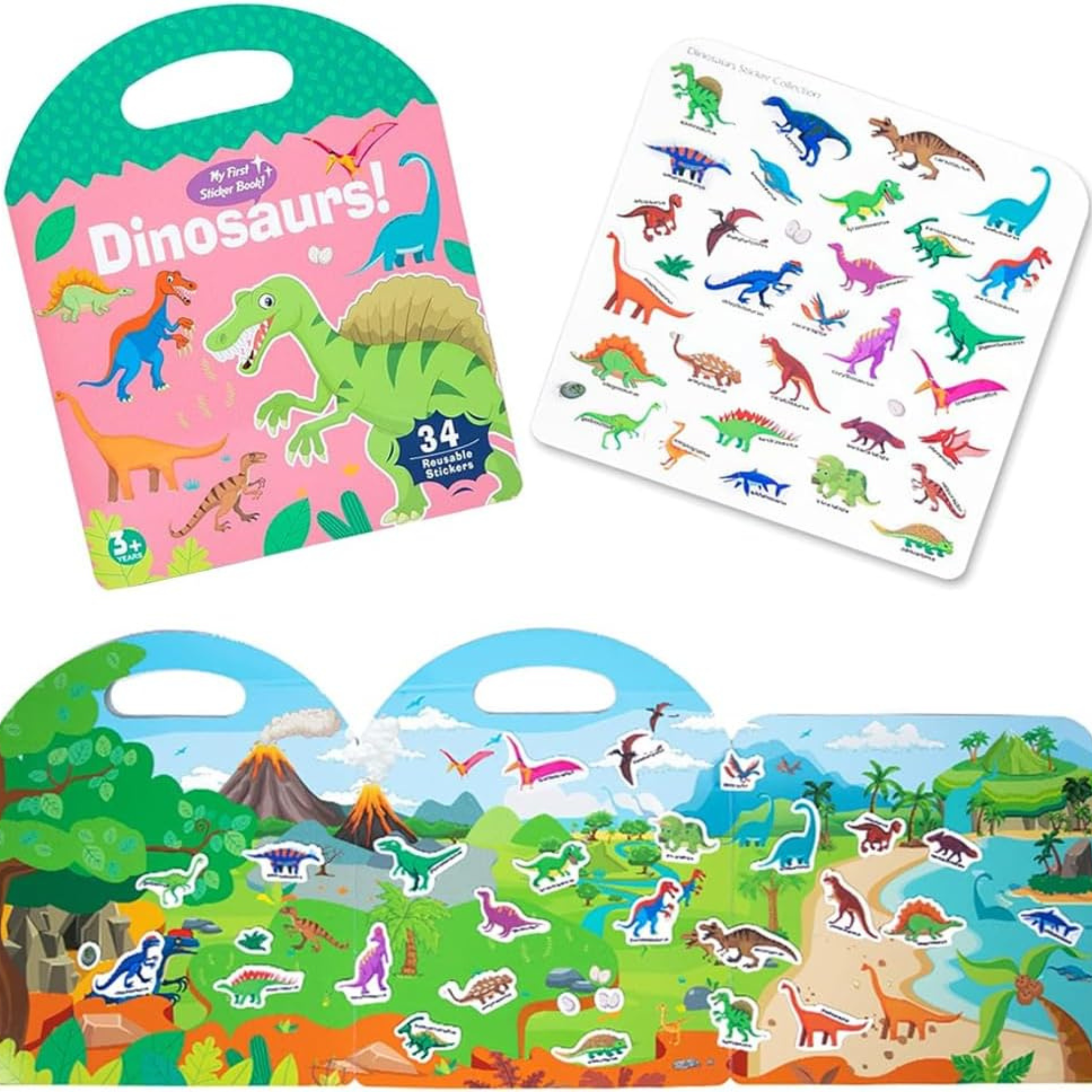 FUN FRY Reusable Sticker Books for Kids Dinosaur Cute Static & Adhesive Stickers Book for Toddlers Aged 3-4 Educational Toys Learning Books Birthday Gifts