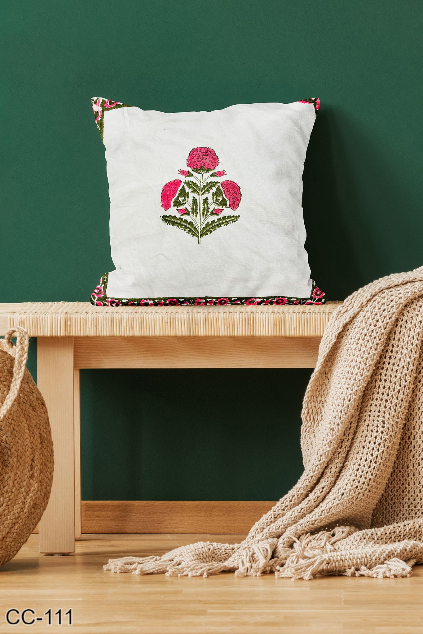 Pink Floral Handblock Printed Cushion Cover (Set of 5)