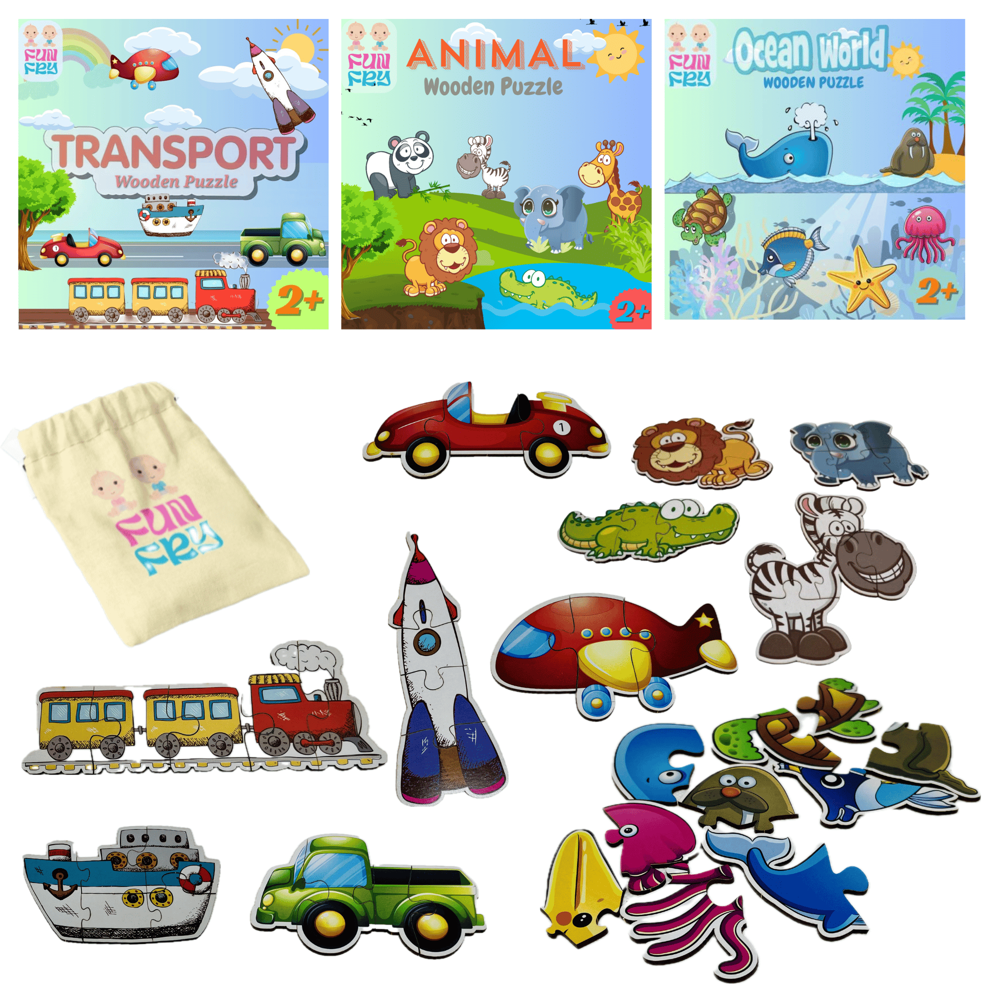 FUN FRY Montessori Jigsaw Puzzles Wooden Puzzles Gift for Kids Ages 2-5 Years with 18 Different Shapes Educational Puzzle Toys- Kids Puzzle Games, Birthday Gift (Ocean Vehicle Animal Puzzle Combo)