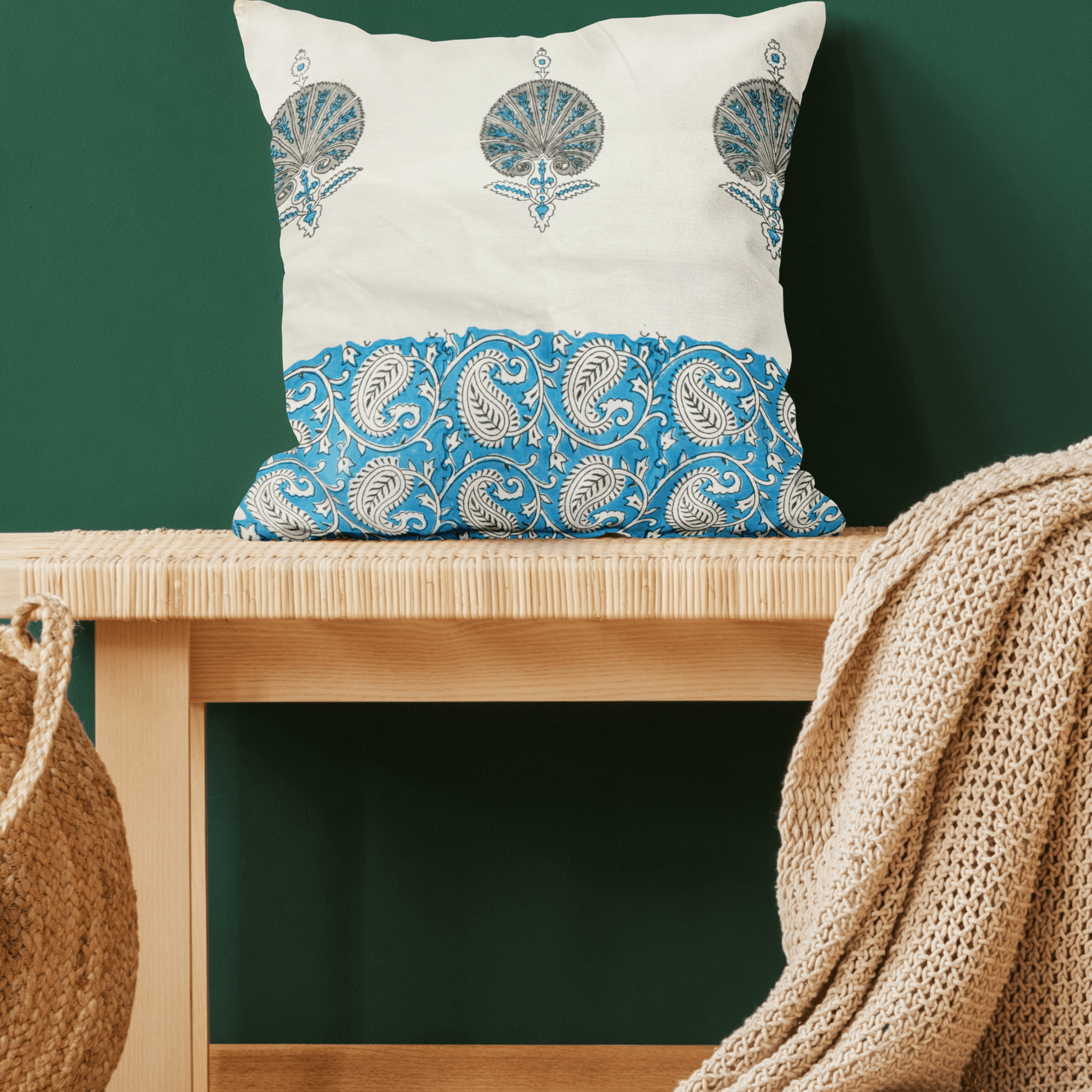 Blue Peacock Handblock Printed Cushion Covers (Set of 5)