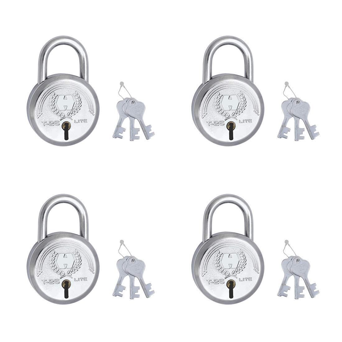 Harrison Padlocks/Round Padlock 40mm 6 Lever with 3 Keys T-26LITE-0532 Pack of 4/ Mild Steel Material/Bright Chrome Polished Finish/Door Lock, Shutter Lock, Godown Lock, gate Lock