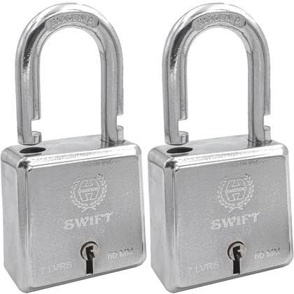 Harrison Padlocks/Square Padlock 60mm 7 Lever with 3 Keys SWIFT-0229 Pack of 2/ Mild Steel Material/Bright Chrome Plated Finish/Door Lock, Shutter Lock, Godown Lock, gate Lock