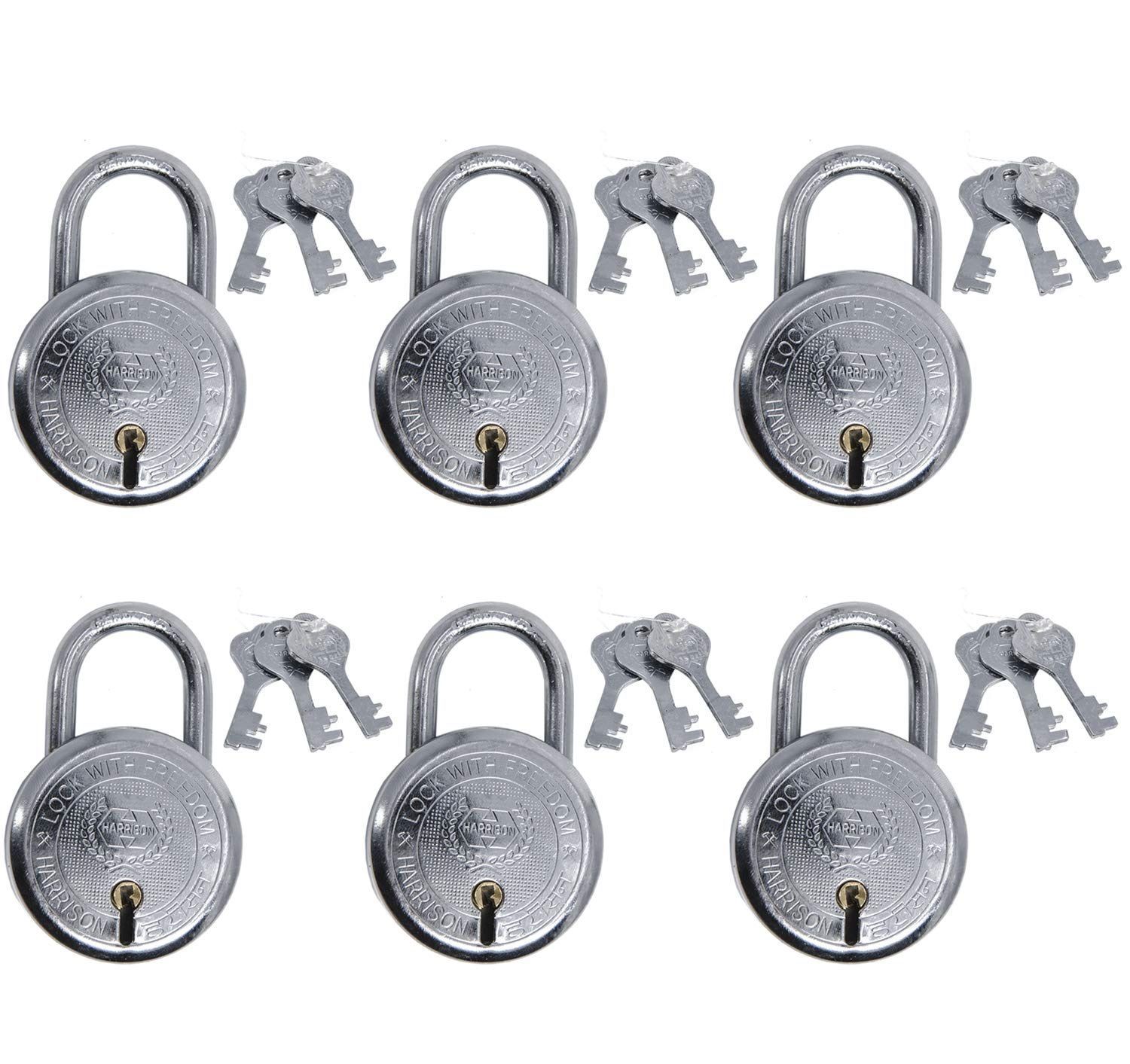 Harrison Padlocks/Round Padlock 50mm 6 Lever with 3 Keys T-26-0274 Pack of 6/ Mild Steel Material/Bright Chrome Polished Finish/Door Lock, Shutter Lock, Godown Lock, gate Lock