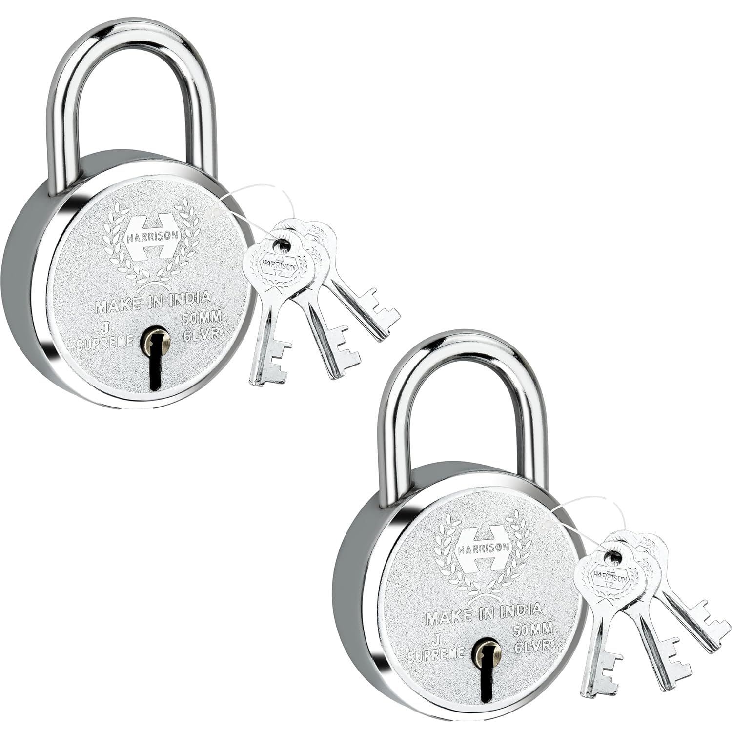 Harrison Padlocks/Round Padlock 50mm 6 Lever with 3 Keys J-SUPREME-0656 Pack of 2/ Mild Steel Material/Bright Chrome Polished Finish/Door Lock, Shutter Lock, Godown Lock, gate Lock