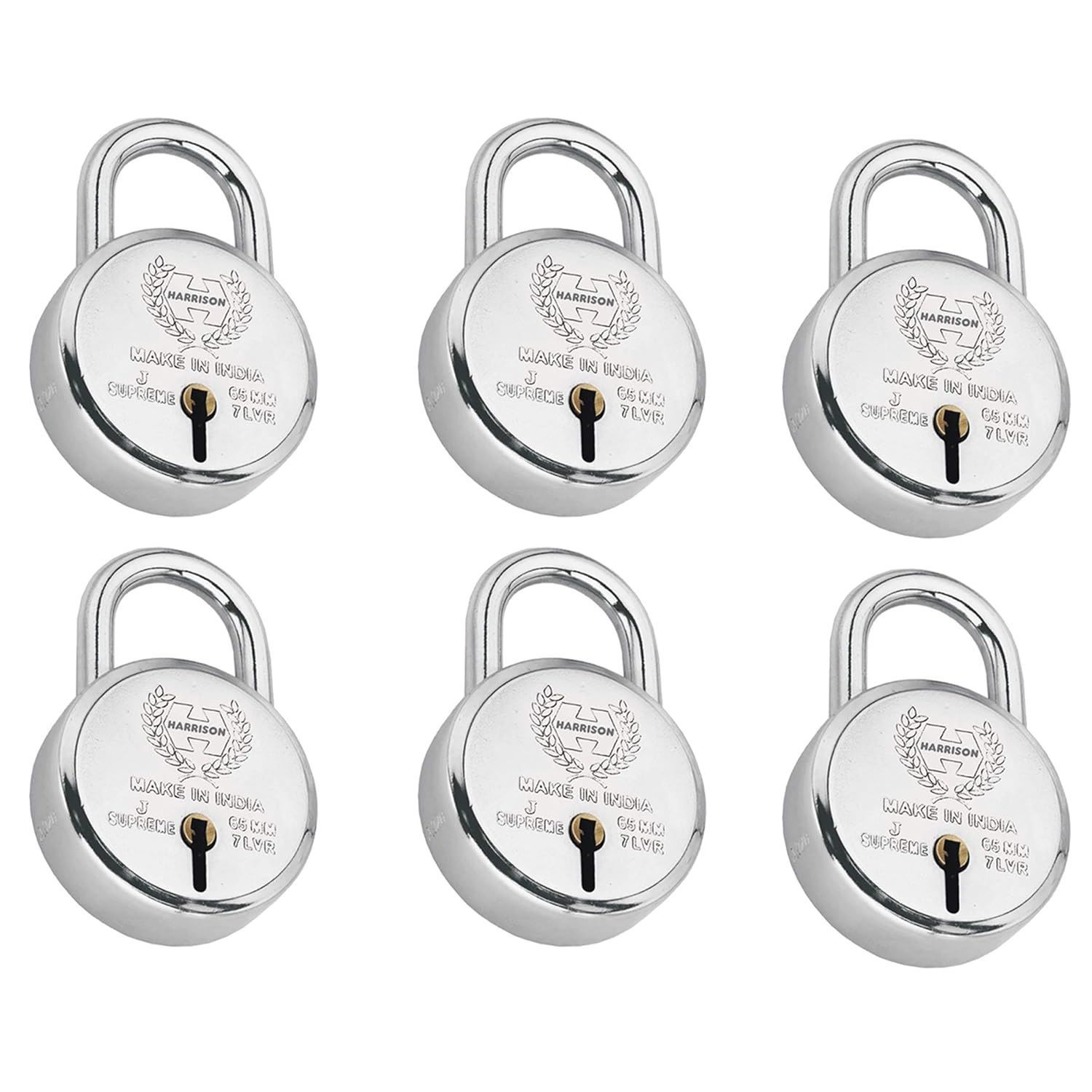 Harrison Padlocks/Round Padlock 65mm 7 Lever with 3 Keys J-SUPREME-0643 Pack of 6/ Mild Steel Material/Bright Chrome Polished Finish/Door Lock, Shutter Lock, Godown Lock, gate Lock