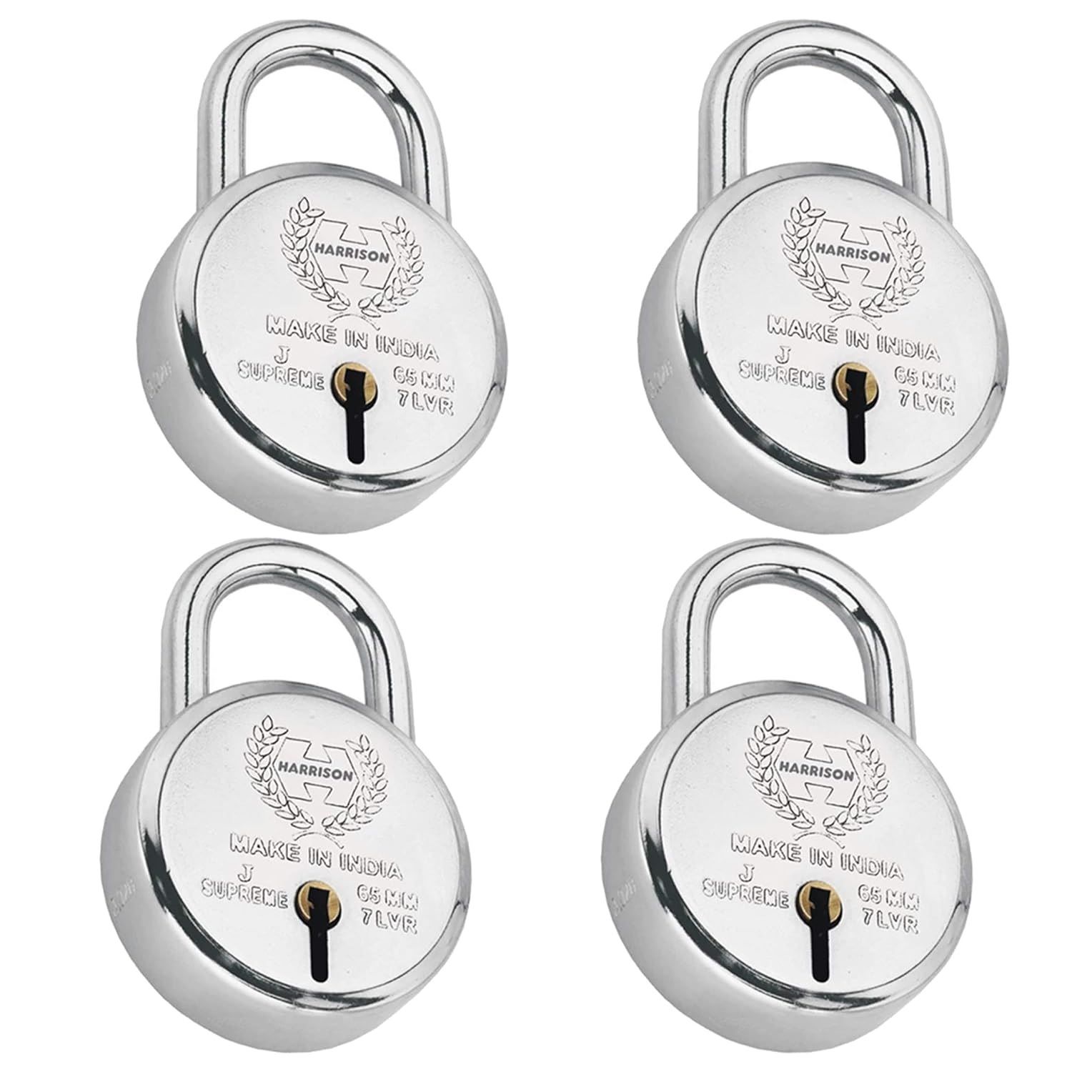 Harrison Padlocks/Round Padlock 65mm 7 Lever with 3 Keys J-SUPREME-0643 Pack of 4/ Mild Steel Material/Bright Chrome Polished Finish/Door Lock, Shutter Lock, Godown Lock, gate Lock