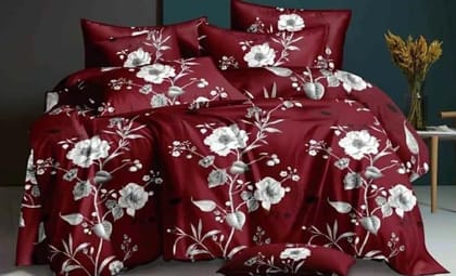 Gethitched Creations Red Floral Polycotton Double Bedsheet 120 GSM with 2 Pillow Covers 144 TC