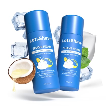 LetsShave Shave Foam Menthol for Men- 200 gm x 2, Coconut Oil Enriched - | Shaving Foam with Skin Nourishing Agents for Sensitive Skin | No artificial color and No alcohol | 200 g Each, Pack of 2
