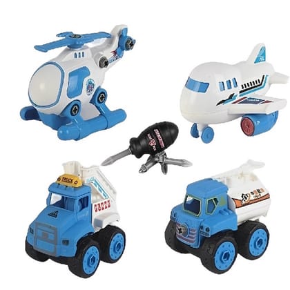KTRS Enterprise 4 PCS DIY Assembled Vehicle Toys for Baby Toddler and Kids (Airport Aviation, Express CAR, Dinosaur Truck, School Bus)