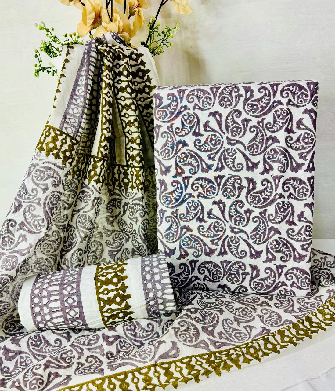 Paisley Design Handblock Printed Salwar Suit Fabric