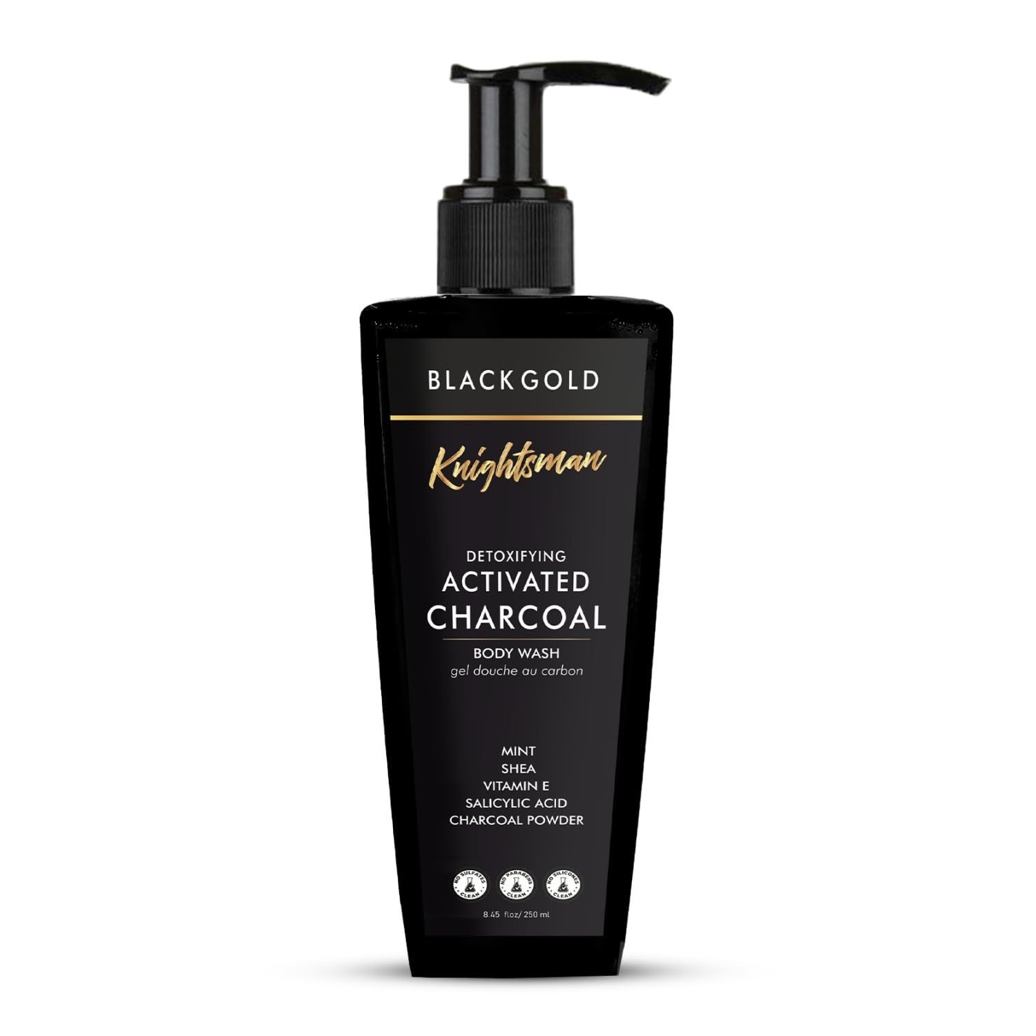 Knightsman Activated Charcoal Body Wash - Deep Cleanse & Refresh with Menthol, Vitamin E & 1% Salicylic Acid - Reduce Acne, Toxins & Impurities - Sulphate-Free, 250ml