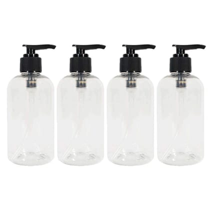 LUVS Empty Plastic Pump Bottles Portable Clear Small Cylinder Shampoo Lotion Pump Bottle Dispenser Durable Refillable Containers for Liquid Soap, Massage Oil -300 ml Pack of 4