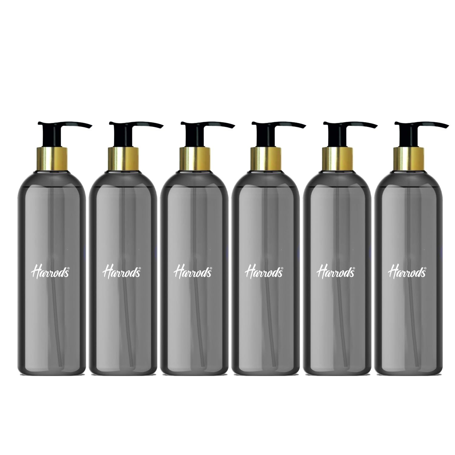 Harrods Empty Shampoo Pump Bottles Refillable Dispenser Container Liquid Soap Dispenser Pump Lotion Bottle Plastic Cylinder with Golden Pumps (Black Pump Bottle-6pc)