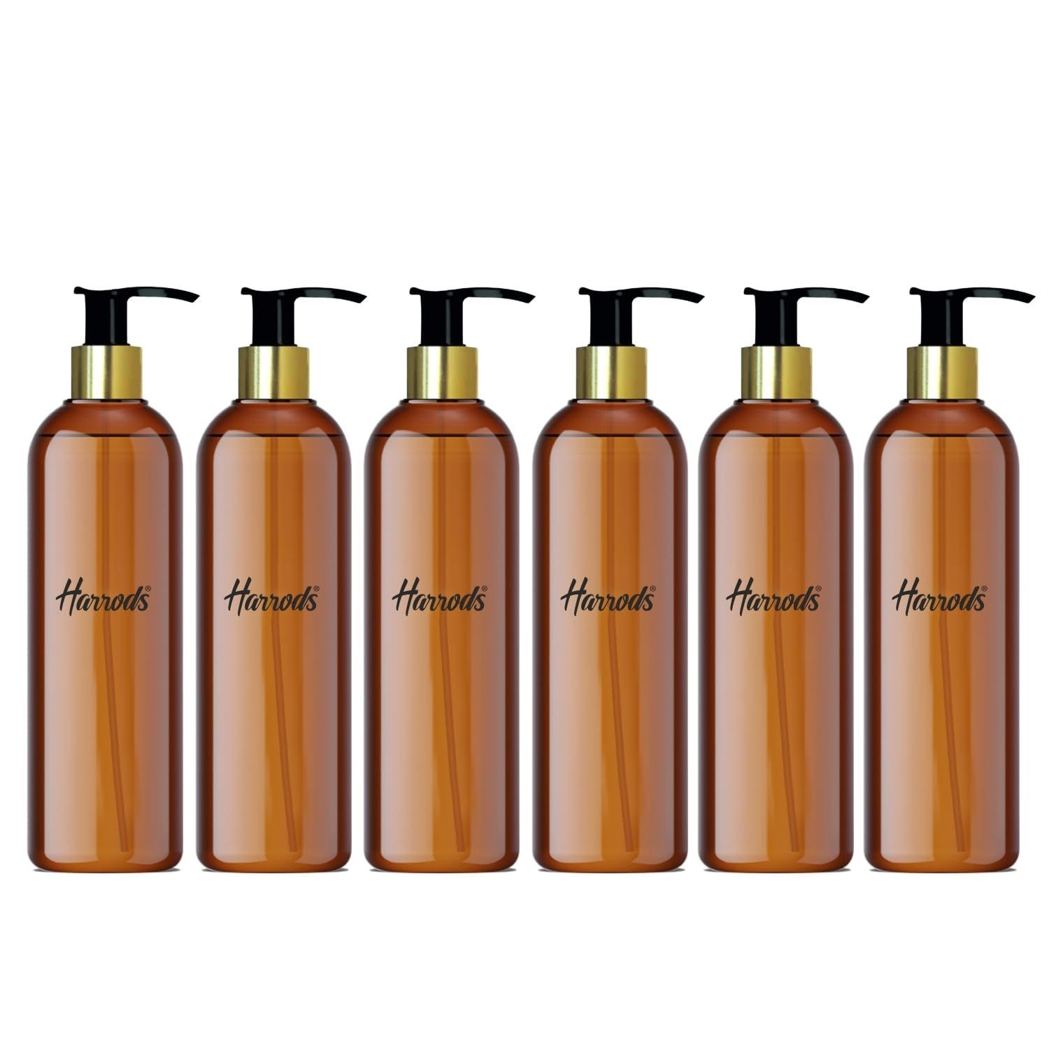 Harrods 6 Pieces Amber Golden Pump Bottles Refillable Dispenser Container Liquid Soap Dispenser Pump Lotion Bottle Plastic Cylinder with Pumps - 200ml Each